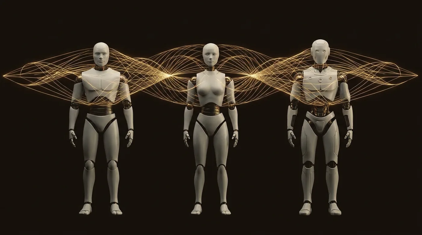 Three humanoid robots of different designs linked by golden threads of a shared skill layer