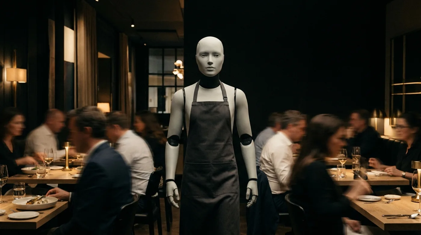 Humanoid robot in an apron standing on a busy restaurant floor surrounded by seated guests