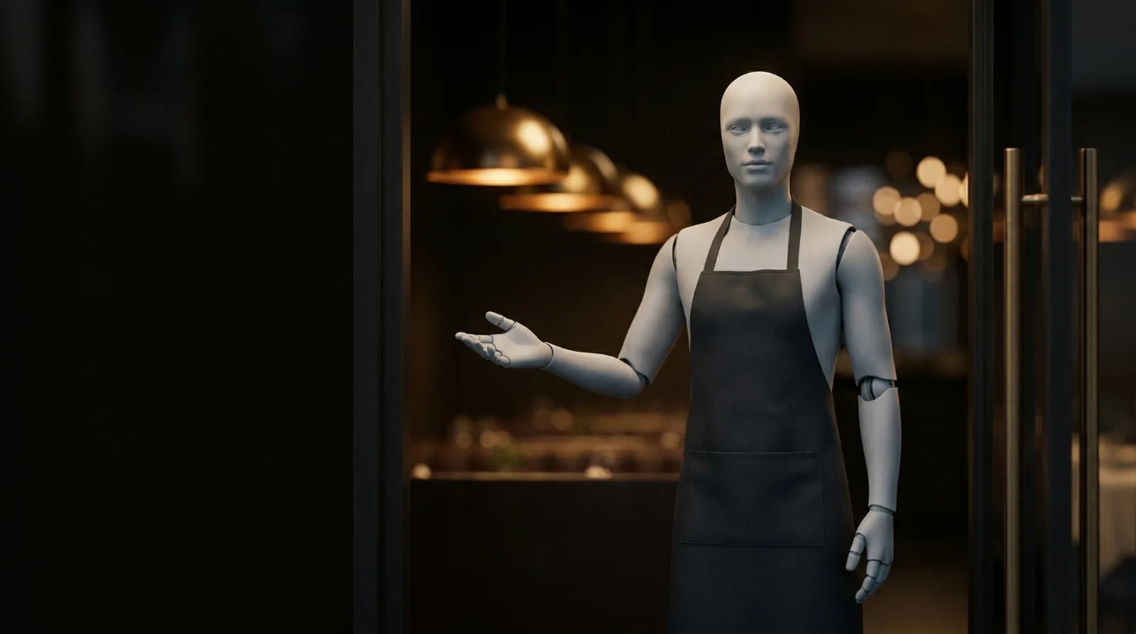 Humanoid robot in a dark apron extending a welcoming hand at the door of a dimly lit restaurant