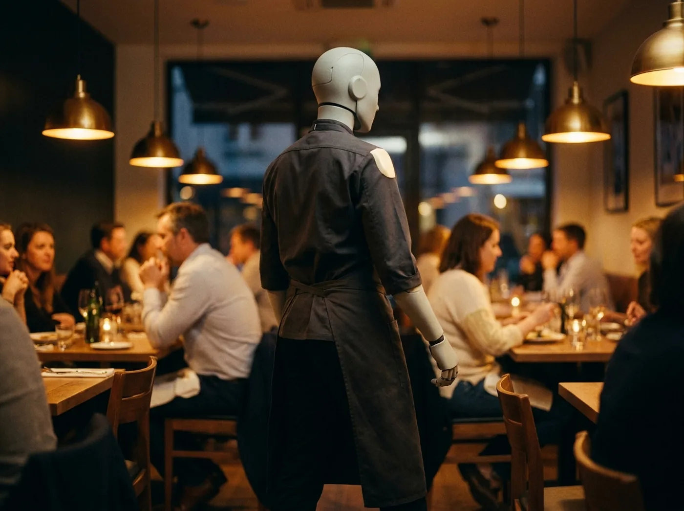 Humanoid robot in service dress moving between tables of a full dining room during dinner service