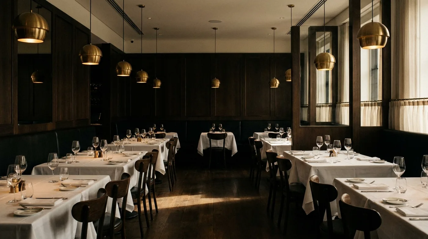 Upscale dining room with brass pendant lamps, dark panelled walls, and linen-covered tables